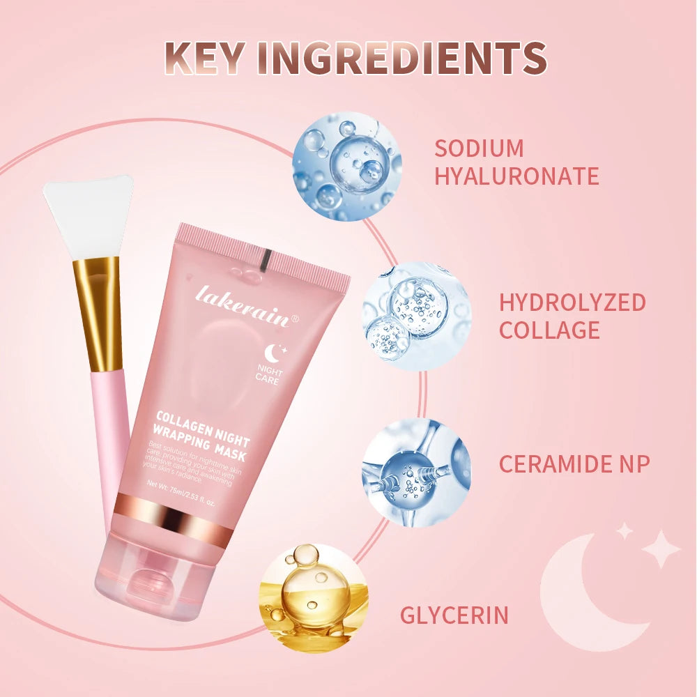 lakerain Collagen Night Wrapping Mask & Brush Set – Peel-Off, Deep Hydration, Firming & Brightening | 75ml | Unisex