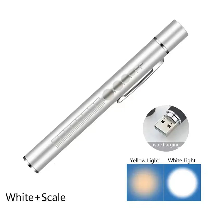 Htomaza Mini LED Penlight Flashlight – USB Rechargeable, Aluminum Alloy, Pocket Clip | Medical, Outdoor & EDC | Silver / Black
