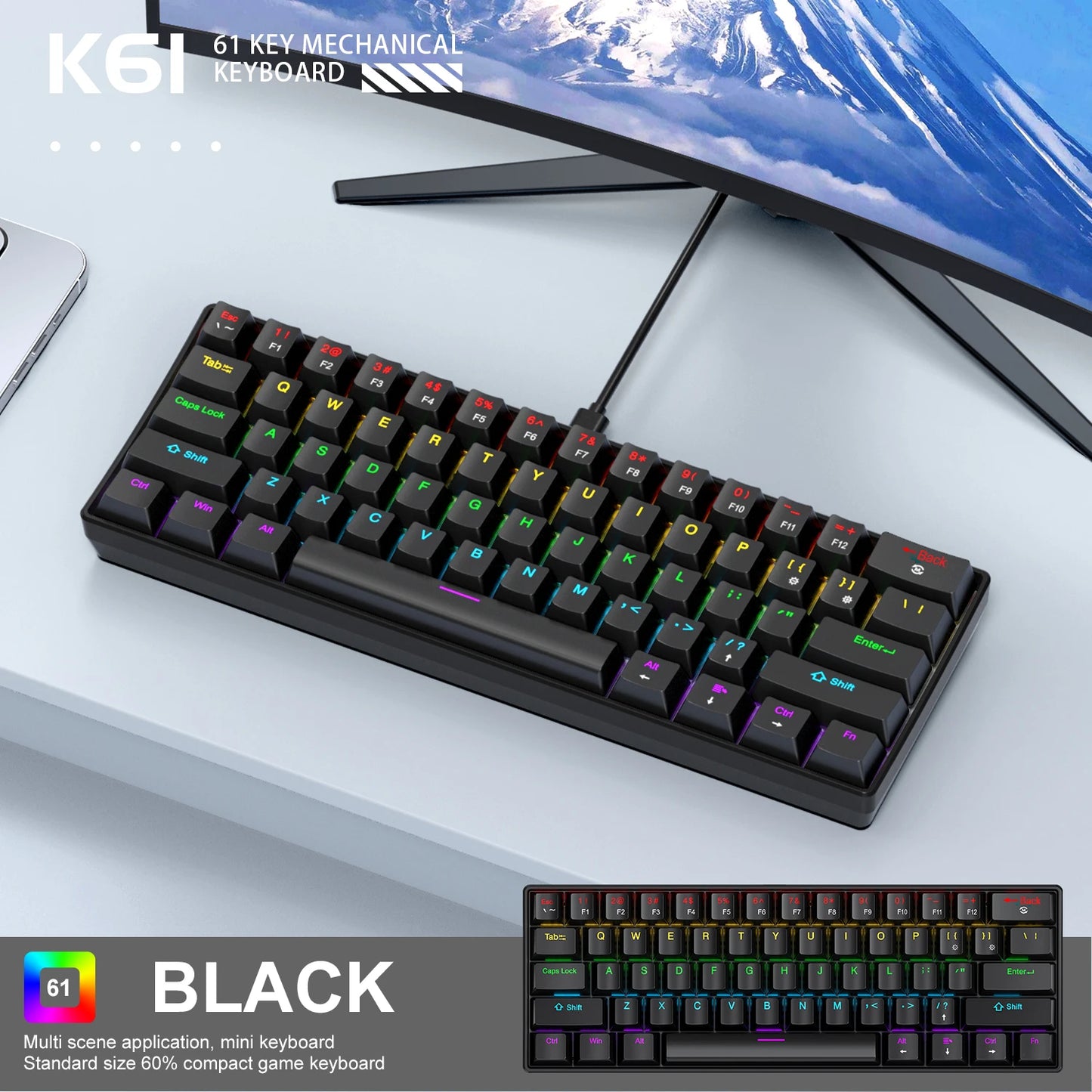 APAYADO K61 迷你機械鍵盤 — 60%，61 鍵，RGB，熱插拔，有線 USB-C