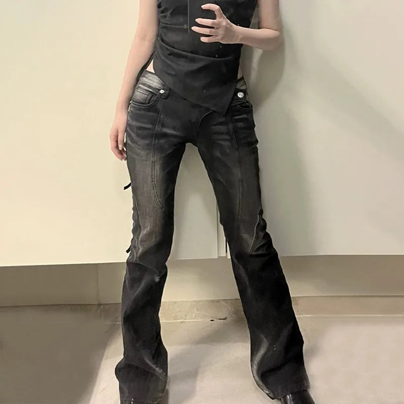 Karrram Vintage Distressed Low Waist Flare Jeans
