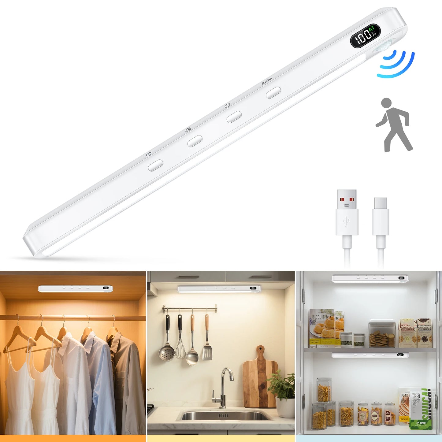 WILLED Rechargeable Motion Sensor Cabinet Light Bar – 3 Color Temps, 5 Brightness, Magnetic Mount | 25cm | 1pc / 2pcs