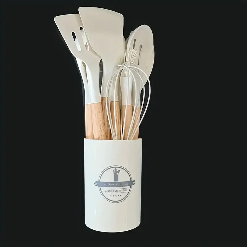 DUTRIEUX 12pcs Silicone Kitchen Utensil Set – Wooden Handle, Non-Stick, Heat-Resistant | White, Black, Gray, Pink, Green