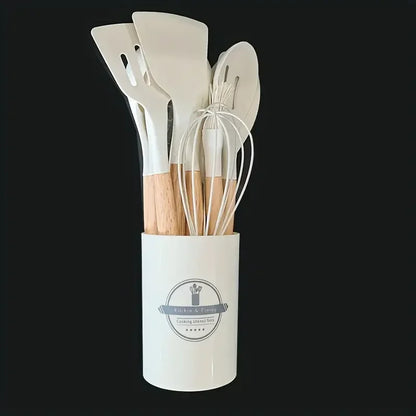 DUTRIEUX 12pcs Silicone Kitchen Utensil Set – Wooden Handle, Non-Stick, Heat-Resistant | White, Black, Gray, Pink, Green