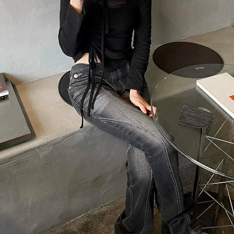 Karrram Vintage Distressed Low Waist Flare Jeans