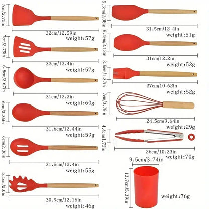 DUTRIEUX 12pcs Silicone Kitchen Utensil Set – Wooden Handle, Non-Stick, Heat-Resistant | White, Black, Gray, Pink, Green