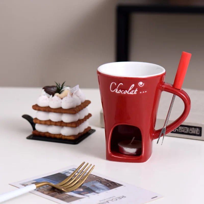 Ceramic Chocolate Fondue Mug with Fork – 130ml Tea Light Warmer for Chocolate, Cheese & Butter | Black, White, Red