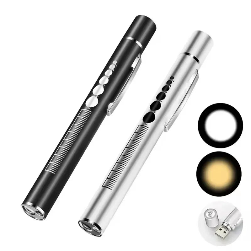 Htomaza Mini LED Penlight Flashlight – USB Rechargeable, Aluminum Alloy, Pocket Clip | Medical, Outdoor & EDC | Silver / Black