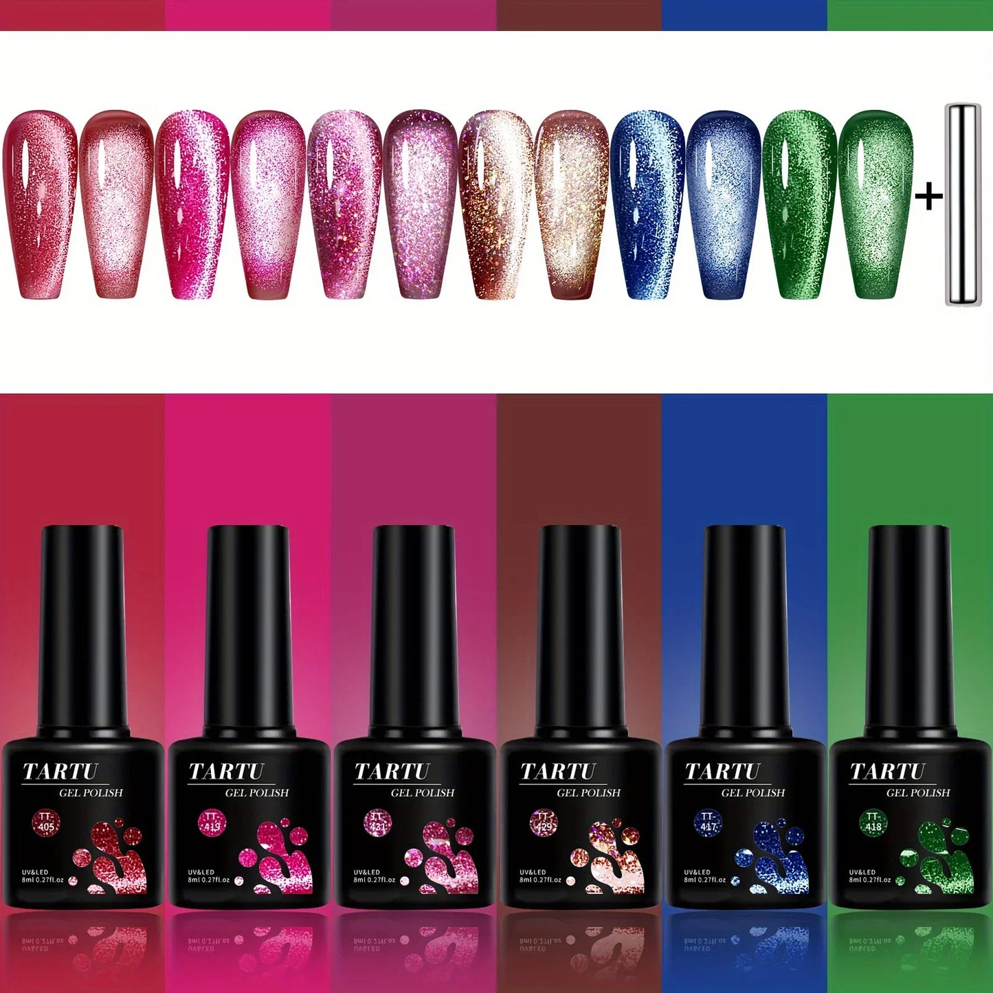 TARTU Cat Eye Gel Nail Polish Set – 6 Colors, 8ml Each, Soak-Off UV/LED | Salon & DIY Nail Art | Sets TT6011–TT6015