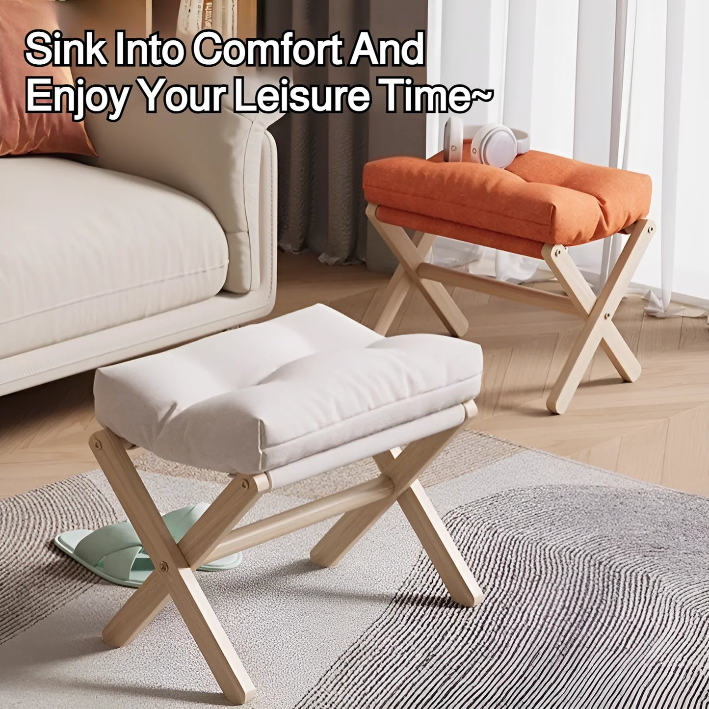 Solid Wood Folding Footstool & Entryway Bench – 46×30×44cm, Minimalist Modern | Gray, Coffee, Orange, Beige