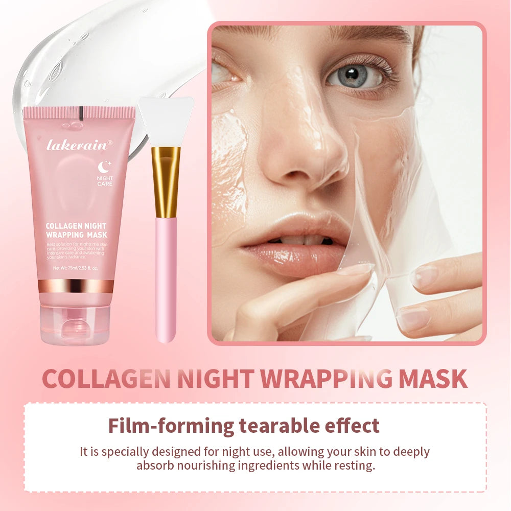 lakerain Collagen Night Wrapping Mask & Brush Set – Peel-Off, Deep Hydration, Firming & Brightening | 75ml | Unisex