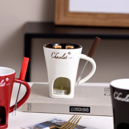 Ceramic Chocolate Fondue Mug with Fork – 130ml Tea Light Warmer for Chocolate, Cheese & Butter | Black, White, Red