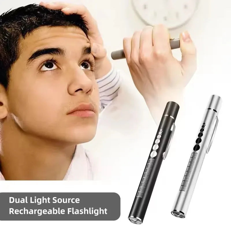 Htomaza Mini LED Penlight Flashlight – USB Rechargeable, Aluminum Alloy, Pocket Clip | Medical, Outdoor & EDC | Silver / Black