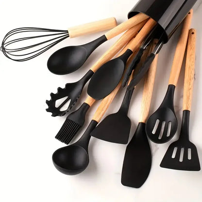 DUTRIEUX 12pcs Silicone Kitchen Utensil Set – Wooden Handle, Non-Stick, Heat-Resistant | White, Black, Gray, Pink, Green