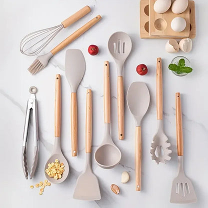 DUTRIEUX 12pcs Silicone Kitchen Utensil Set – Wooden Handle, Non-Stick, Heat-Resistant | White, Black, Gray, Pink, Green