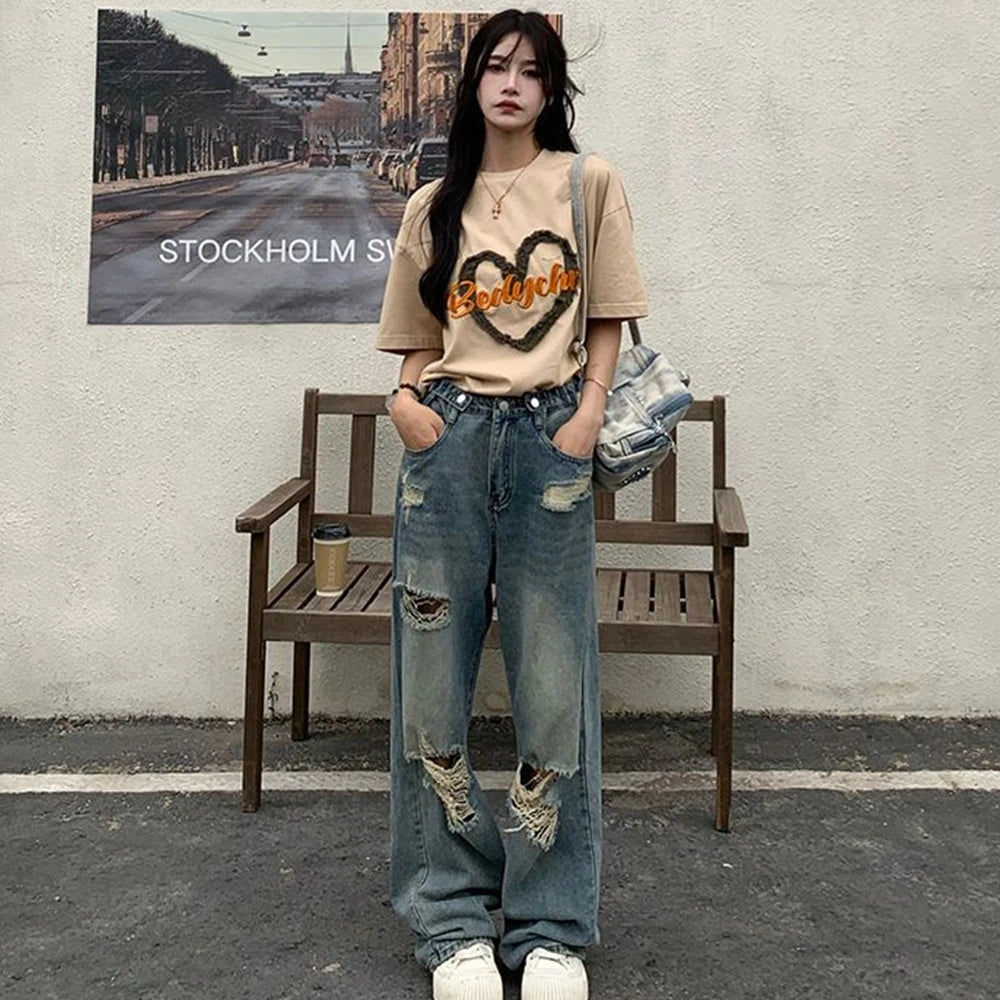 American Retro Hole-punched Jeans Women High Waist
