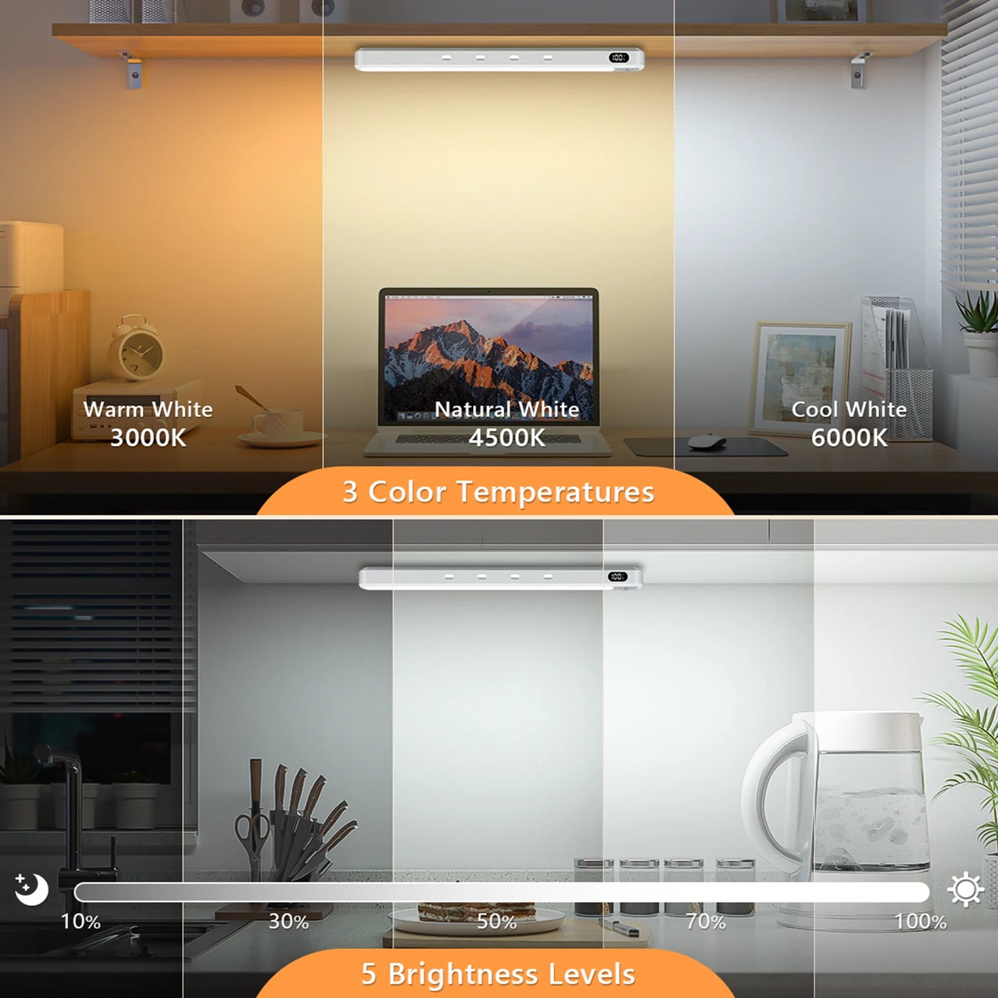 WILLED Rechargeable Motion Sensor Cabinet Light Bar – 3 Color Temps, 5 Brightness, Magnetic Mount | 25cm | 1pc / 2pcs
