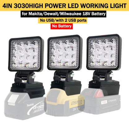 OUTLULU 18V Battery-Powered LED Work Light – Compatible with Makita, DeWalt & Milwaukee | Rotatable, Portable | Optional USB Ports