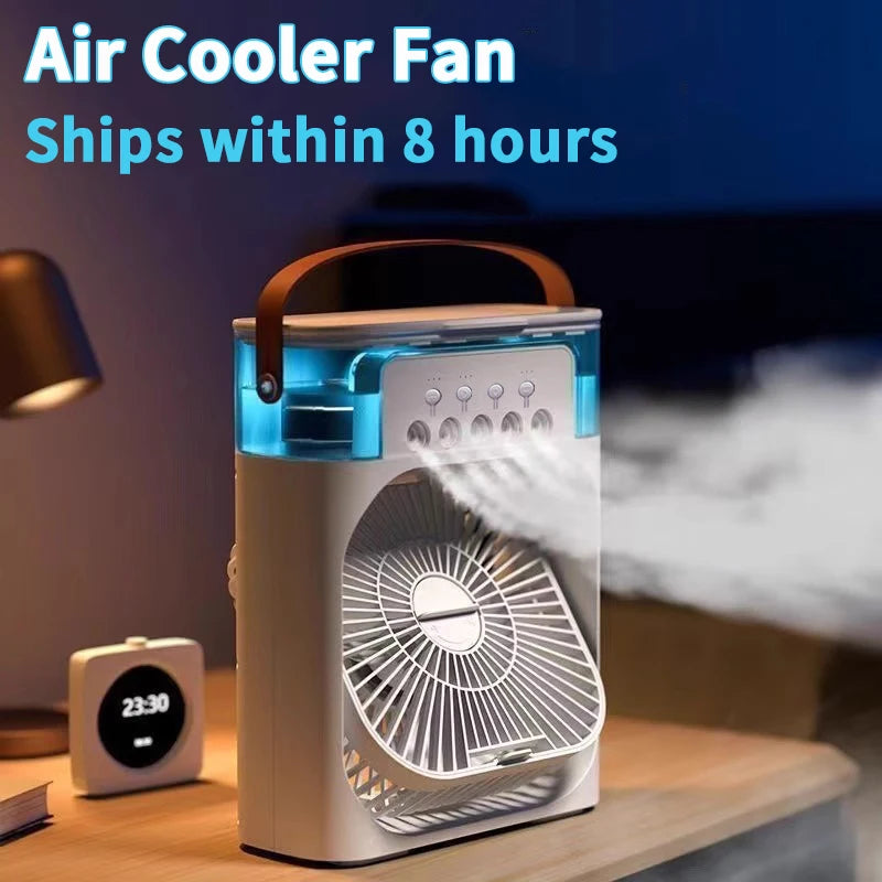 OIMG 3-in-1 Mini Air Cooler Fan – Portable Humidifier, 7-Color LED, 3-Speed | USB-Powered for Home & Office