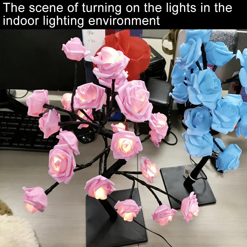 Heinast LED Rose Tree Night Light – 33cm USB-Powered, Warm White, Bendable Branches | Bedroom & Home Decor | Pink & Blue | 1pc / 2pcs