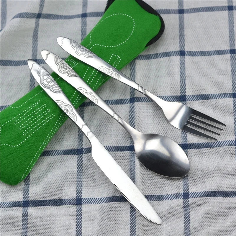 Stainless Steel Travel Cutlery Set – 3pcs Fork, Spoon & Knife with Zipper Pouch | Camping, Picnic & Outdoor