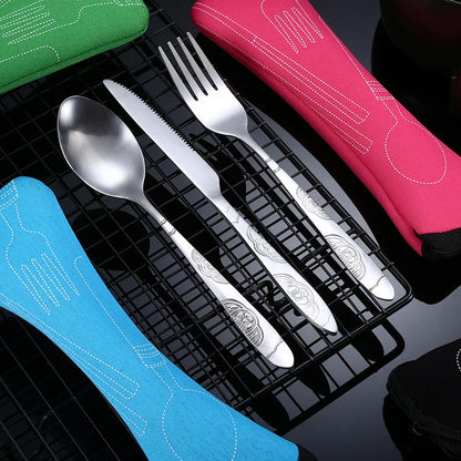 Stainless Steel Travel Cutlery Set – 3pcs Fork, Spoon & Knife with Zipper Pouch | Camping, Picnic & Outdoor