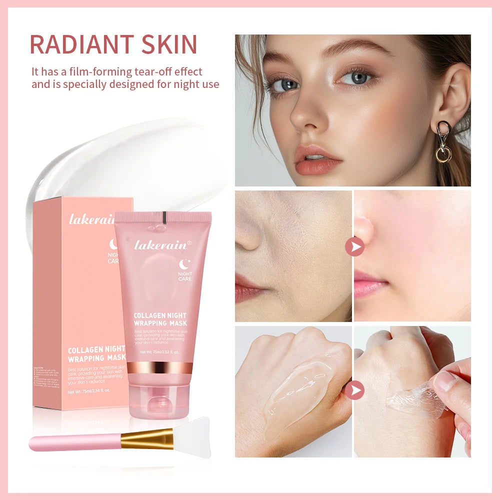 lakerain Collagen Night Wrapping Mask & Brush Set – Peel-Off, Deep Hydration, Firming & Brightening | 75ml | Unisex
