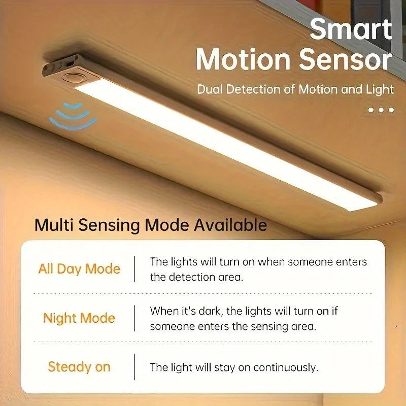 Rechargeable Magnetic LED Motion Sensor Light Bar – 20cm, 1500mAh, Stepless Dimming, USB-C | Under Cabinet & Closet Lighting