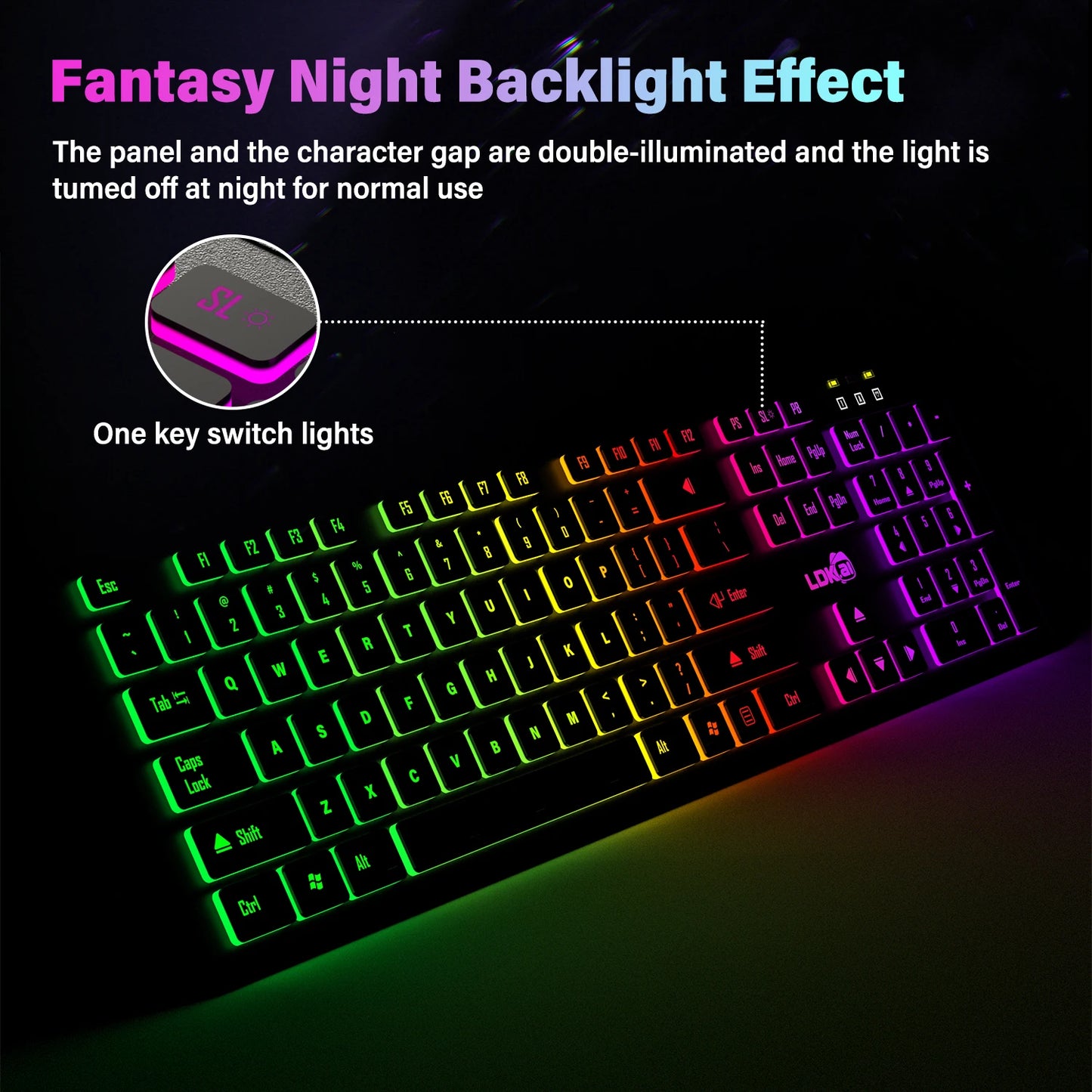 RGB 電競鍵盤 — 有線 USB，104 鍵，背光，防潑水，多語言