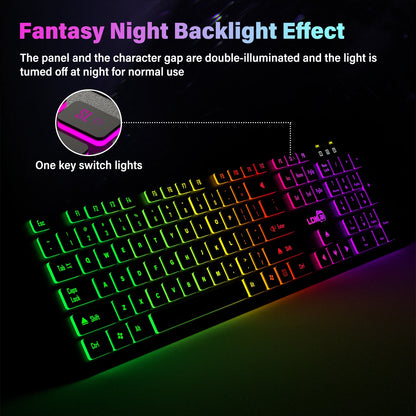 RGB 電競鍵盤 — 有線 USB，104 鍵，背光，防潑水，多語言