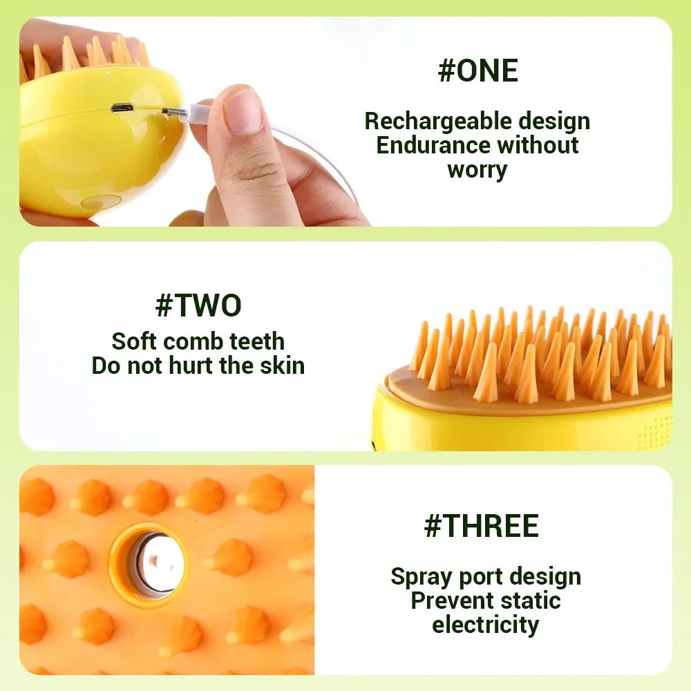 3-in-1 Pet Steam Grooming Brush — Spray, Massage & Detangle for Cats & Dogs