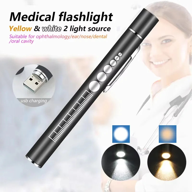 Htomaza Mini LED Penlight Flashlight – USB Rechargeable, Aluminum Alloy, Pocket Clip | Medical, Outdoor & EDC | Silver / Black