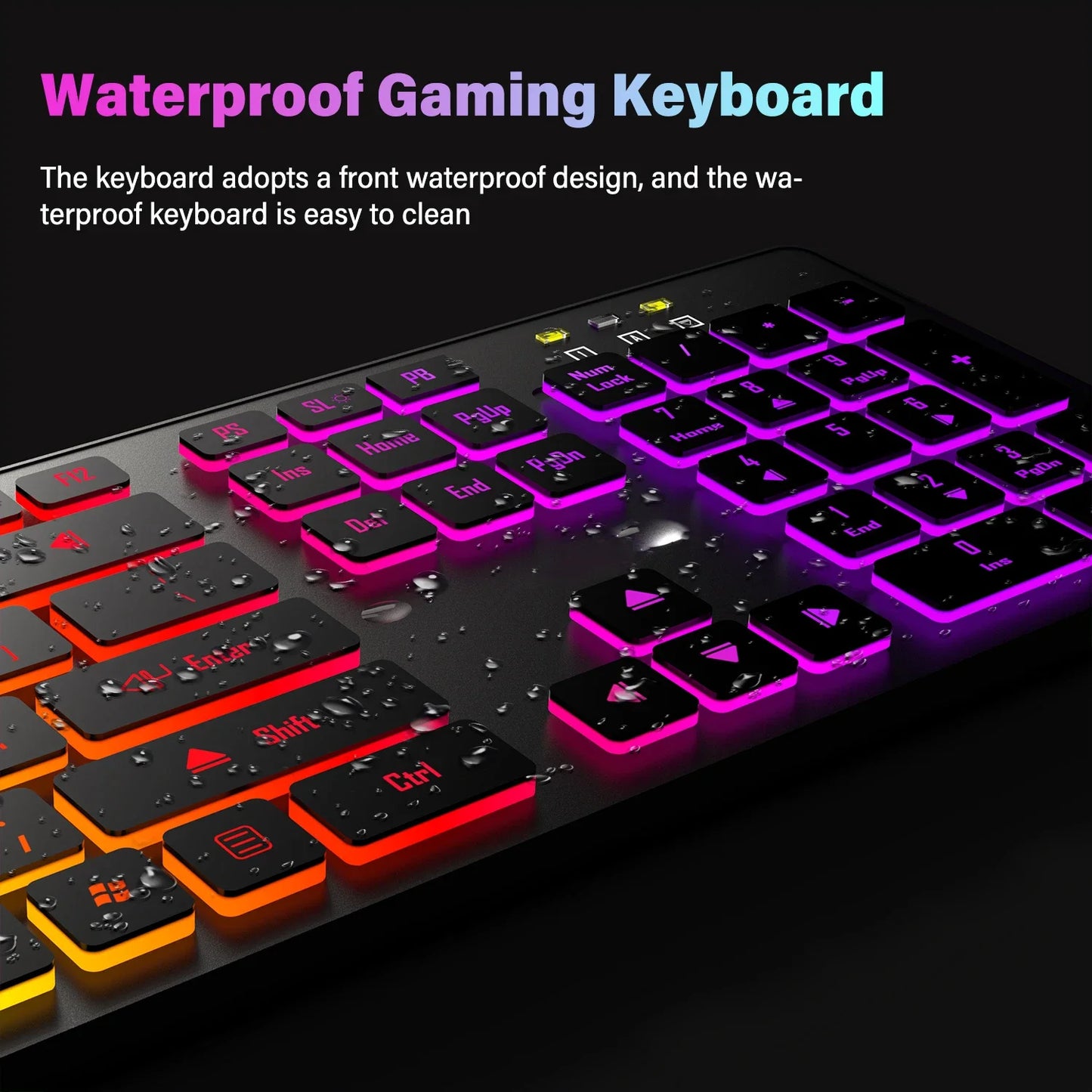 RGB 電競鍵盤 — 有線 USB，104 鍵，背光，防潑水，多語言