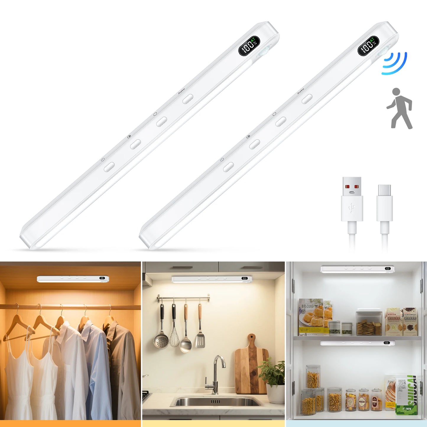 WILLED Rechargeable Motion Sensor Cabinet Light Bar – 3 Color Temps, 5 Brightness, Magnetic Mount | 25cm | 1pc / 2pcs