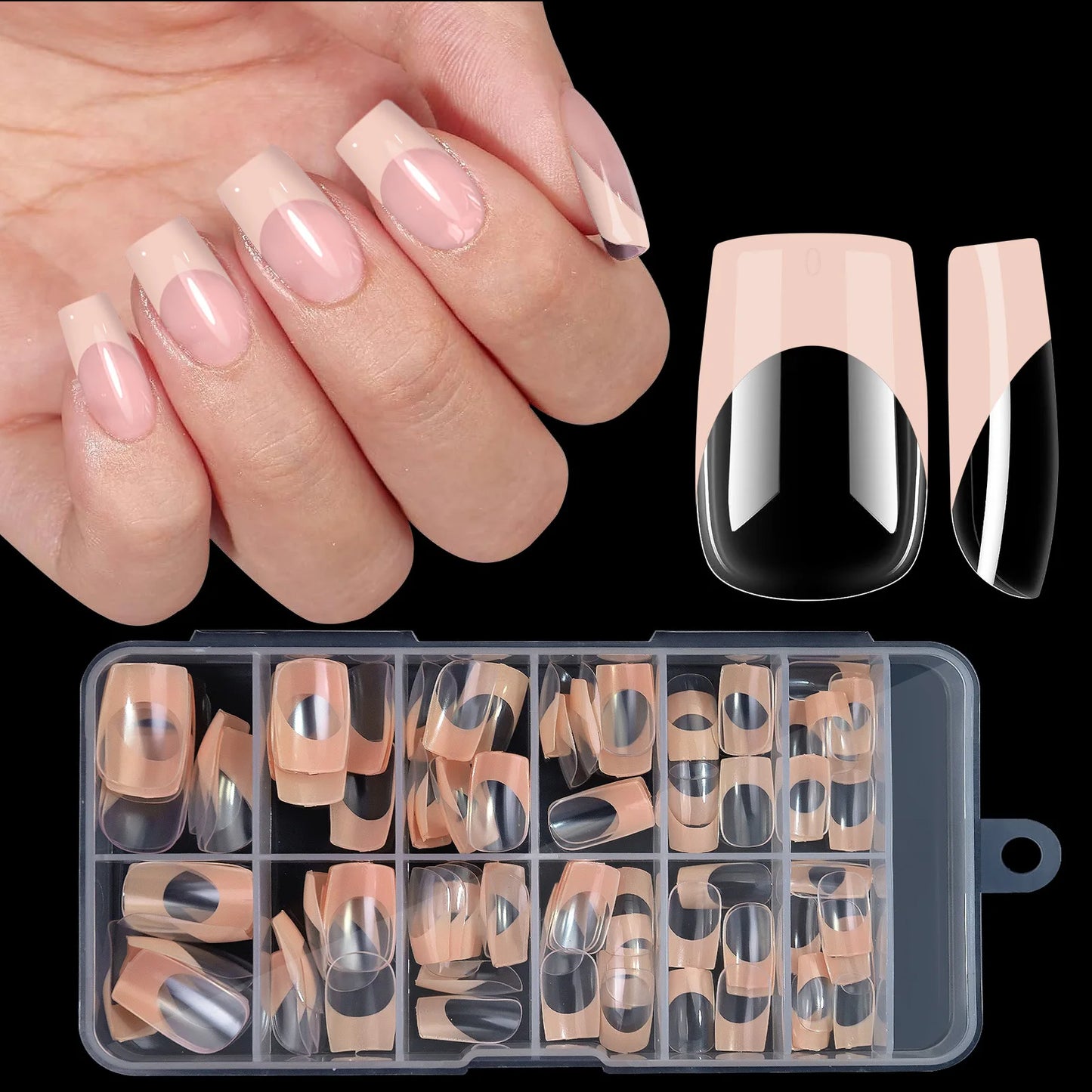 Misscheering Acrylic French Press-On Nails – 120pcs, Full Cover, Mixed Sizes | Square & Almond | White / Pink / Black / Orange