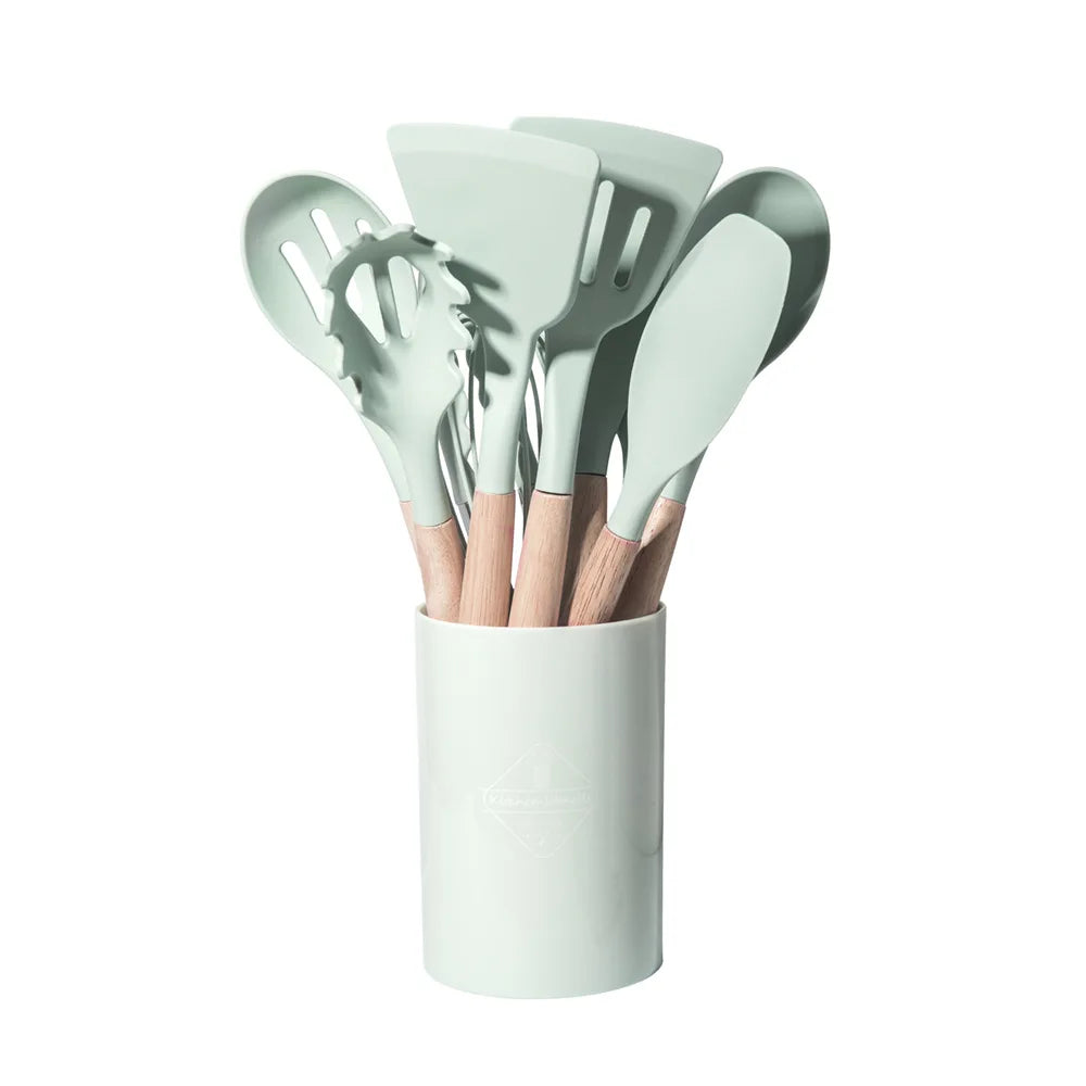DUTRIEUX 12pcs Silicone Kitchen Utensil Set – Wooden Handle, Non-Stick, Heat-Resistant | White, Black, Gray, Pink, Green