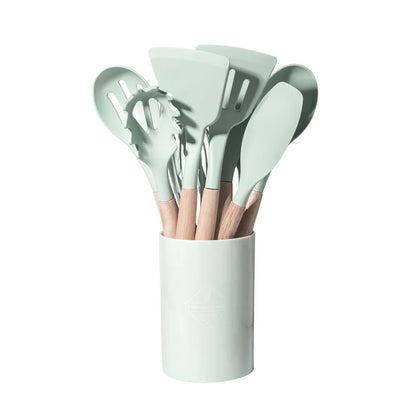 DUTRIEUX 12pcs Silicone Kitchen Utensil Set – Wooden Handle, Non-Stick, Heat-Resistant | White, Black, Gray, Pink, Green