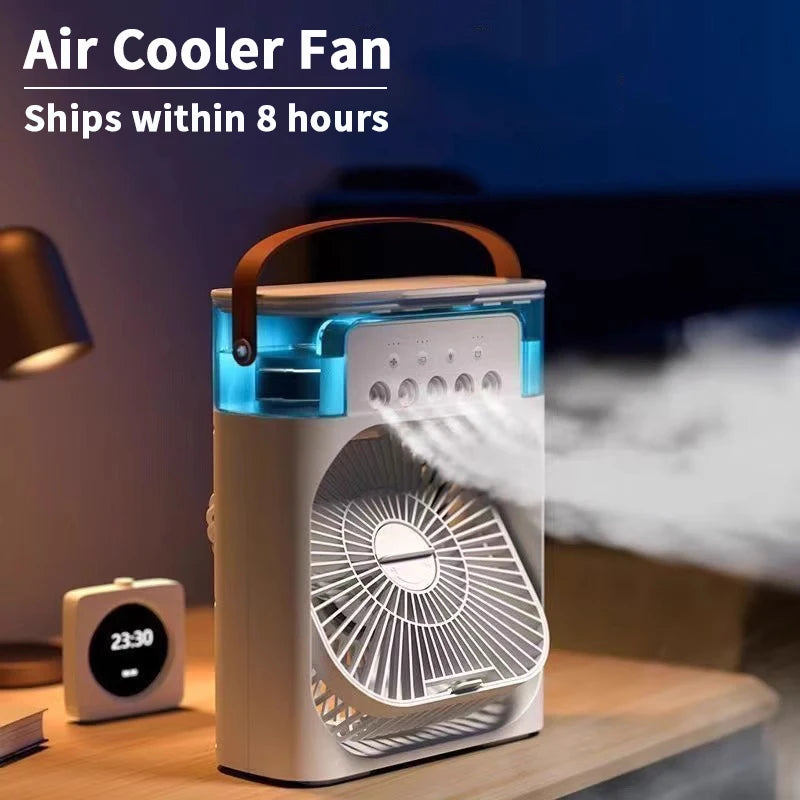 KUALOOL 3-in-1 Mini Air Cooler Fan – 600ml Tank, 7-Color LED, 3-Speed Mist & Fan | USB-Powered | White & Black