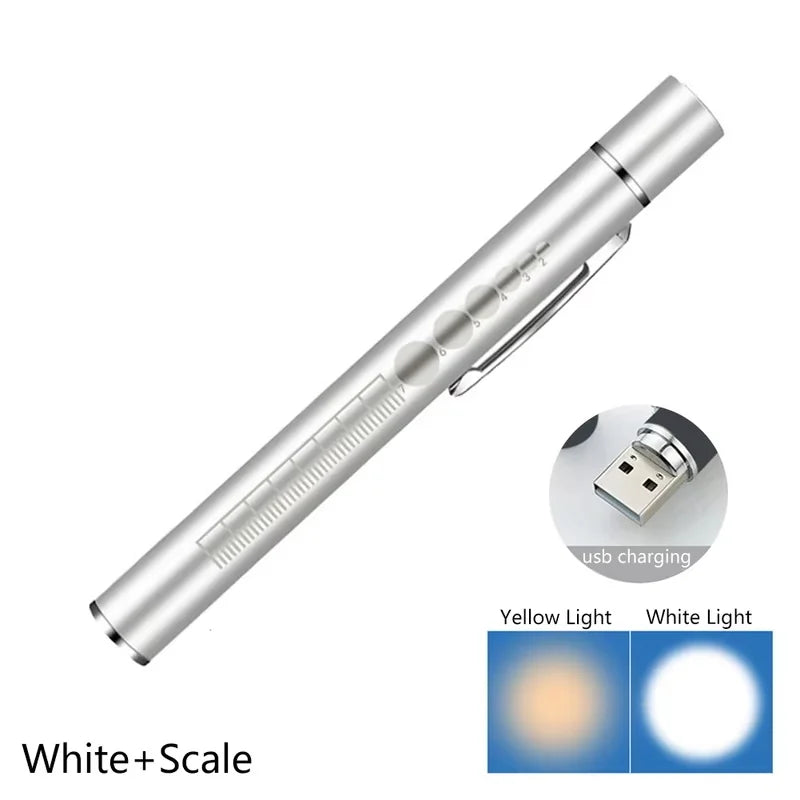 Htomaza Mini LED Penlight Flashlight – USB Rechargeable, Aluminum Alloy, Pocket Clip | Medical, Outdoor & EDC | Silver / Black