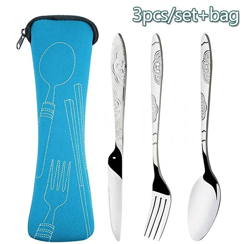 Stainless Steel Travel Cutlery Set – 3pcs Fork, Spoon & Knife with Zipper Pouch | Camping, Picnic & Outdoor