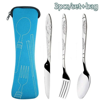 Stainless Steel Travel Cutlery Set – 3pcs Fork, Spoon & Knife with Zipper Pouch | Camping, Picnic & Outdoor