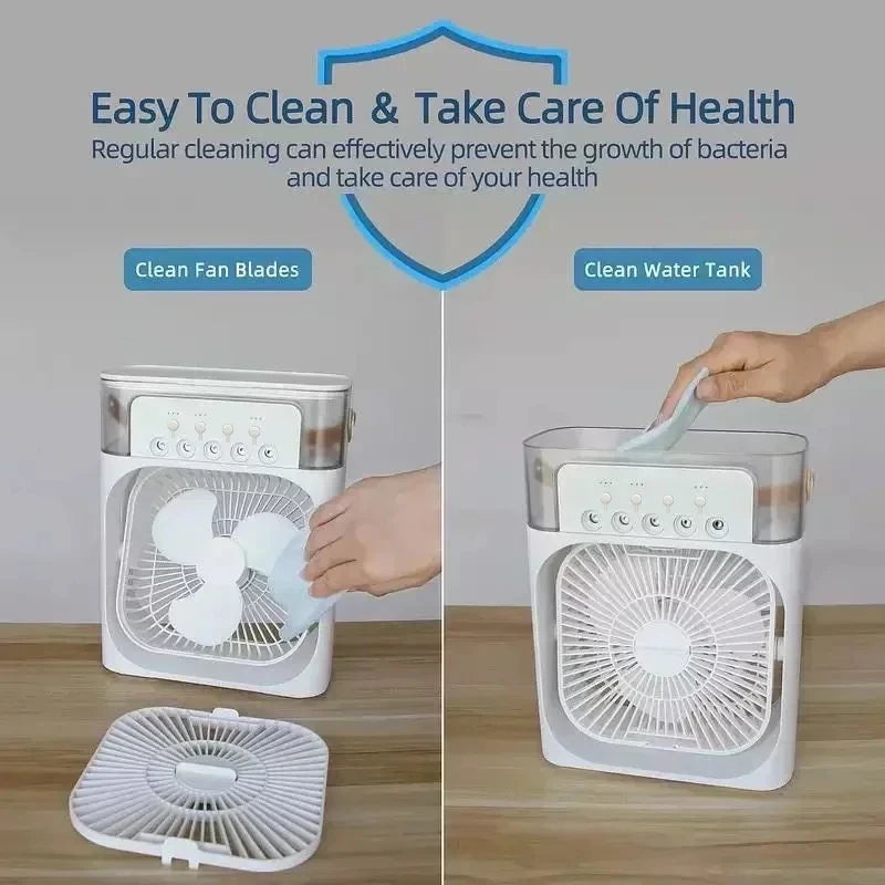 OIMG 3-in-1 Mini Air Cooler Fan – Portable Humidifier, 7-Color LED, 3-Speed | USB-Powered for Home & Office