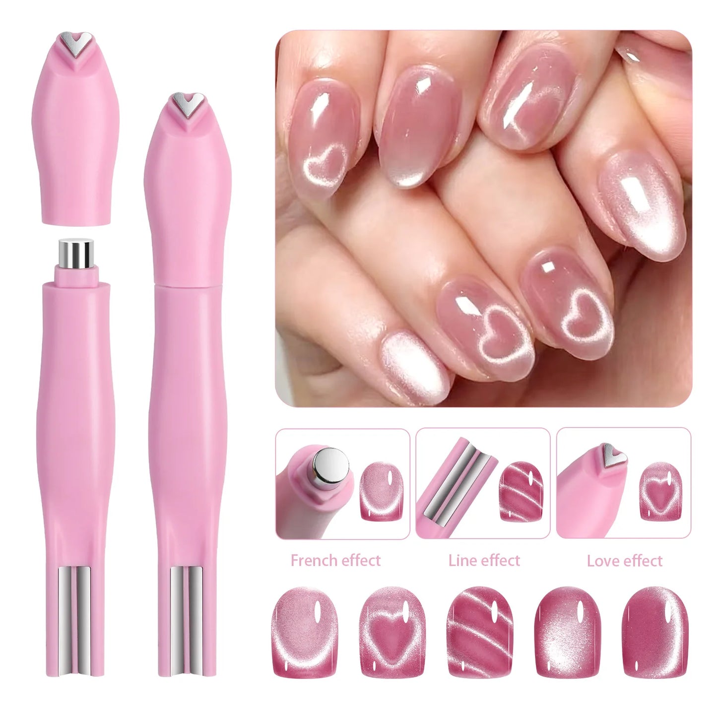 3-in-1 Cat Eye Nail Art Magnet Pen – Heart / Double Line / Moon & Snake Patterns | For Magnetic Gel Polish | Pink / Blue / Green