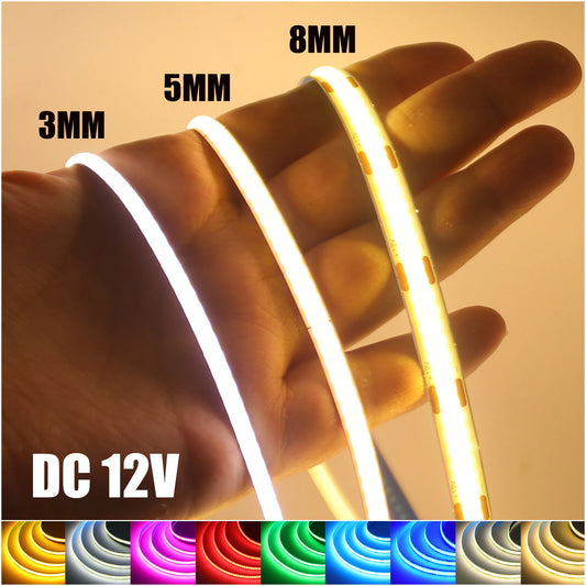 DC 12V COB LEDテープライト - 3mm/5mm/8mm、9色、0.5～5m