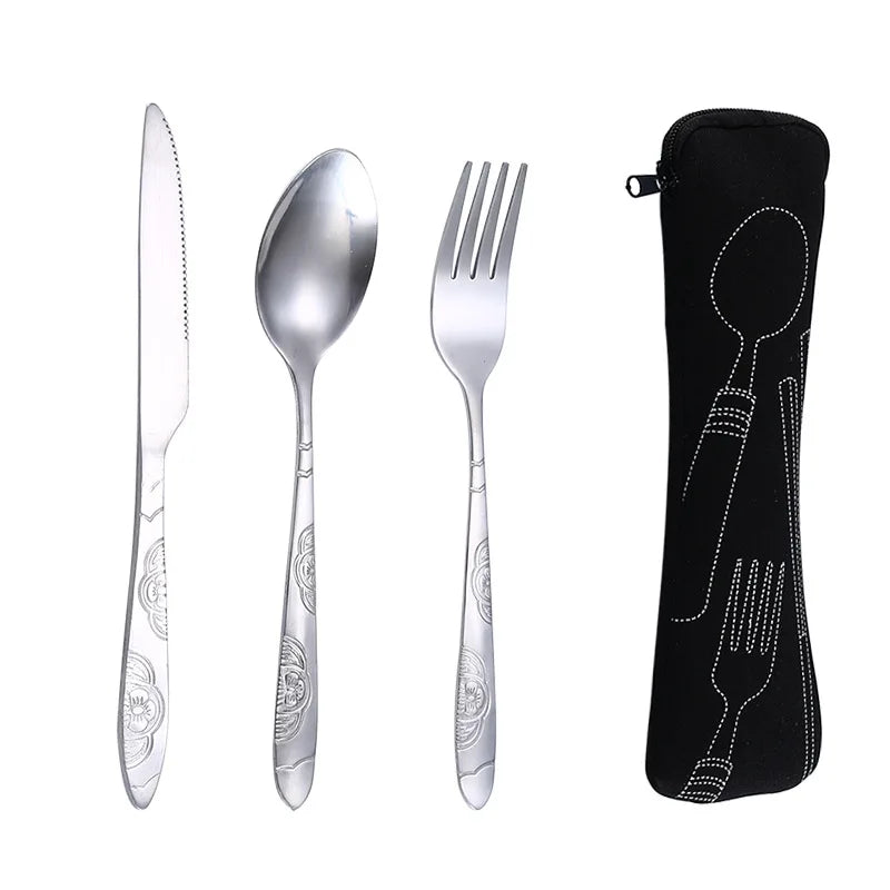 Stainless Steel Travel Cutlery Set – 3pcs Fork, Spoon & Knife with Zipper Pouch | Camping, Picnic & Outdoor