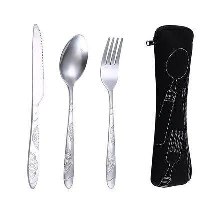 Stainless Steel Travel Cutlery Set – 3pcs Fork, Spoon & Knife with Zipper Pouch | Camping, Picnic & Outdoor