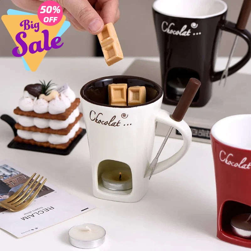 Ceramic Chocolate Fondue Mug with Fork – 130ml Tea Light Warmer for Chocolate, Cheese & Butter | Black, White, Red
