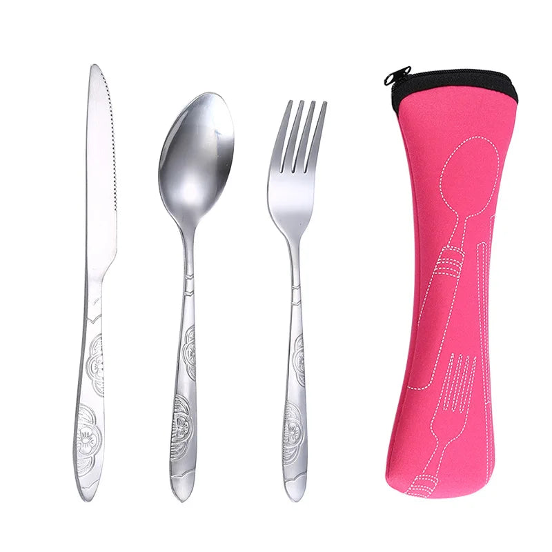 Stainless Steel Travel Cutlery Set – 3pcs Fork, Spoon & Knife with Zipper Pouch | Camping, Picnic & Outdoor