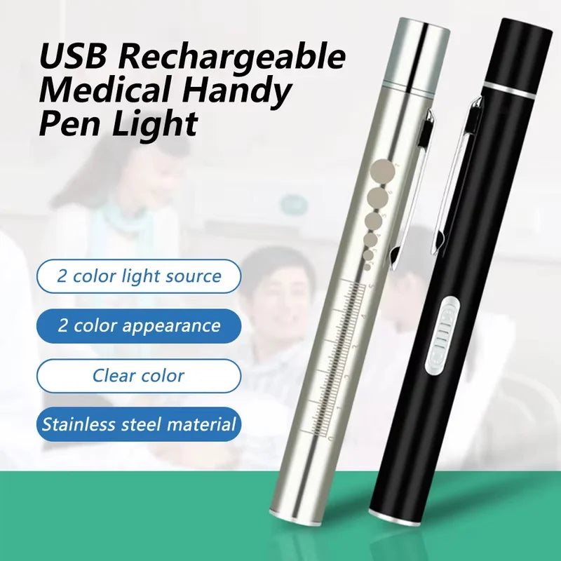 Htomaza Mini LED Penlight Flashlight – USB Rechargeable, Aluminum Alloy, Pocket Clip | Medical, Outdoor & EDC | Silver / Black