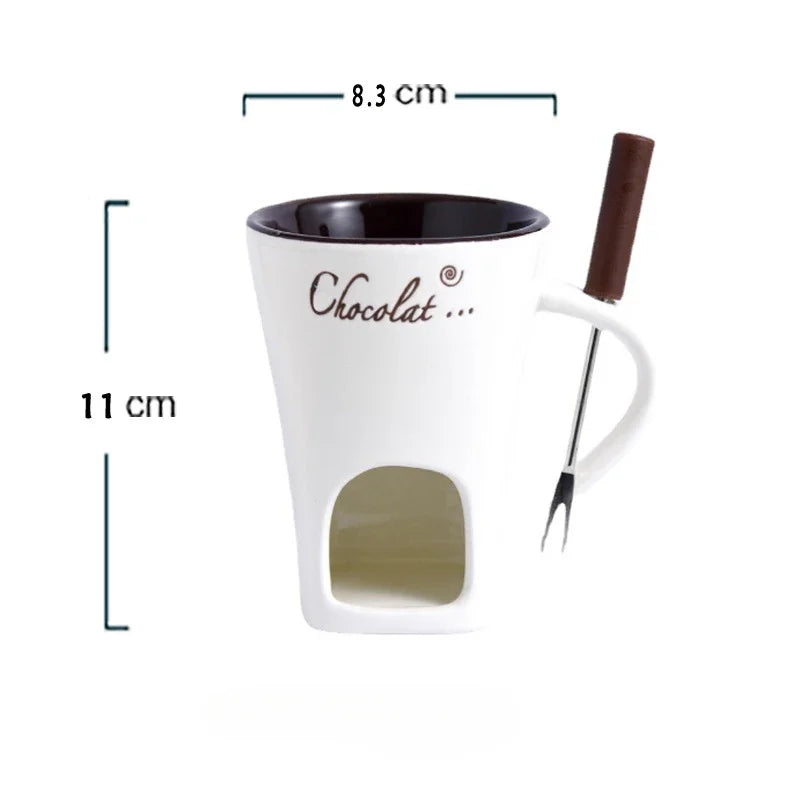 Ceramic Chocolate Fondue Mug with Fork – 130ml Tea Light Warmer for Chocolate, Cheese & Butter | Black, White, Red