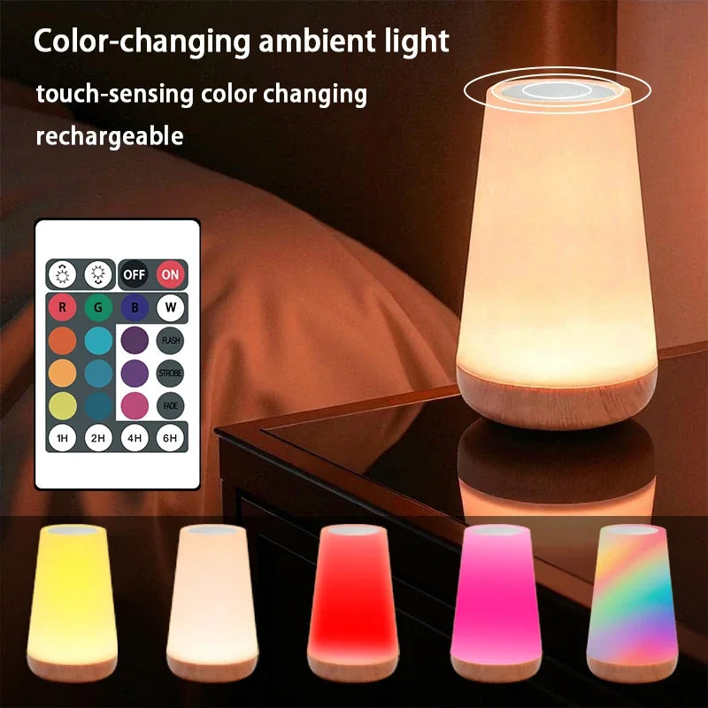 Smart RGB Bedside Night Lamp – 13 Colors, 5 Brightness, Touch & Remote Control, USB Rechargeable | 10hr Battery Life